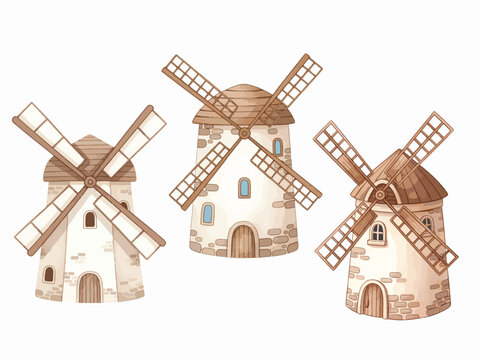 Cute Watercolor Windmill Architecture Illustration