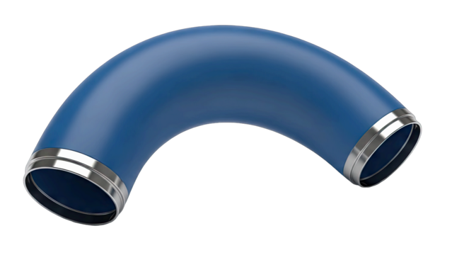 Matte Blue Curved Pipe Section with Silver Metal End Caps Isolated on Transparent Background