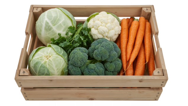 Fresh raw vegetables in wooden crate cabbage cauliflower broccoli carrots png isolated on transparent background - Powered by Adobe