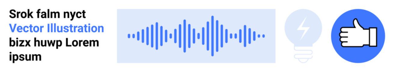 Digital marketing, podcasting, innovation, energy, audio media, approval. Blue audio waveform, light bulb and thumbs-up icons in a minimalist style. Digital media and podcasting concepts