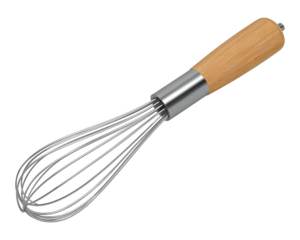 Stainless steel wire balloon whisk with wooden handle cooking utensil png isolated on transparent background