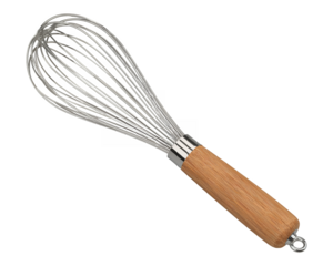 Stainless steel wire balloon whisk with wooden handle kitchen utensil png isolated on transparent background