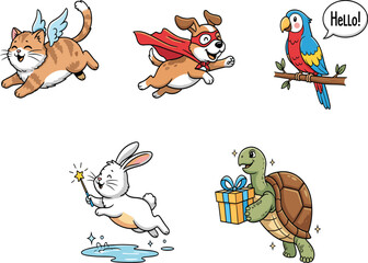 Fantasy cartoon animals with wings, capes, gifts, wand, and speech bubble