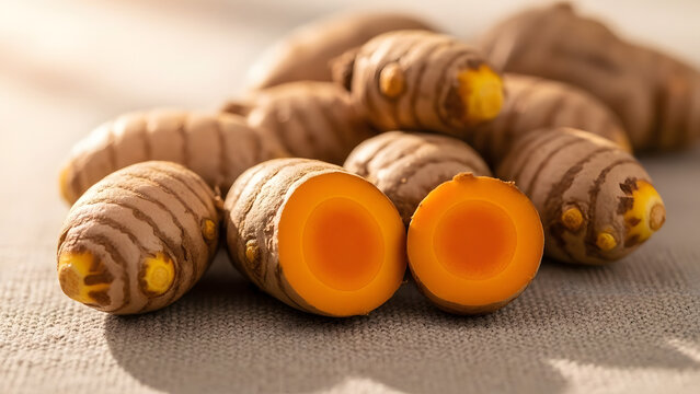 Fresh turmeric roots with vibrant orange color and healthy properties.