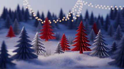 Whimsical winter forest with red christmas trees and string lights decoration