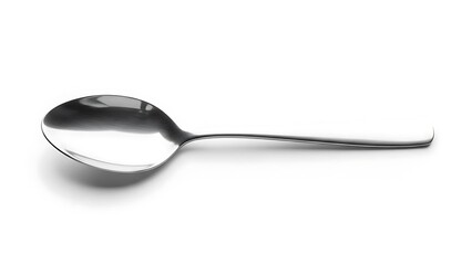 Shiny silver metal spoon, an essential kitchen utensil and dining implement, captured on a pristine white background, perfect for culinary and household-themed designs