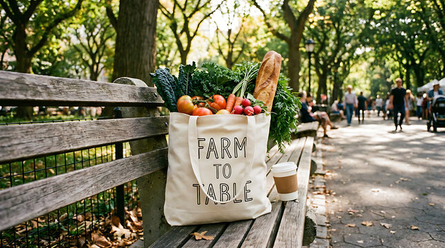 A canvas "FARM TO TABLE" tote bag filled with fresh vegetables and bread sits on a wooden park bench with a coffee cup, in a sunny tree-lined park. - Powered by Adobe