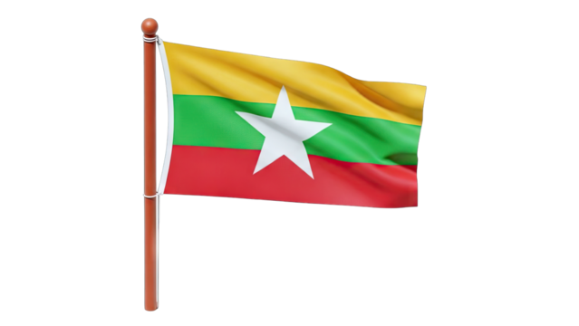 Myanmar National Flag Waving on a Pole Against a Transparent Background Symbolizing National Identity and Independence with Yellow Red and Green Horizontal Stripes and a White Star