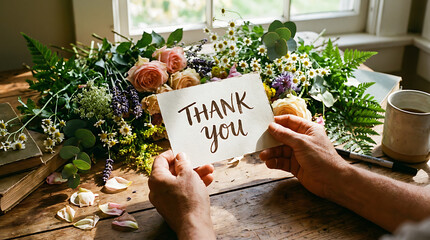 A person's hands holding a "Thank you" card on a rustic wooden table surrounded by a vibrant bouquet of fresh flowers, books, and a cup, conveying gratitude and appreciation.