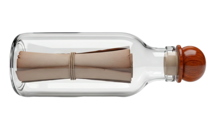 Old Parchment Scroll Message Inside Glass Bottle with Cork Stopper on Transparent Background