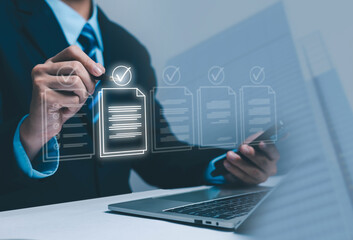 A businessman reviewing and approving digital documents on a virtual interface, representing workflow management, document verification, digital approval processes, productivity solutions.