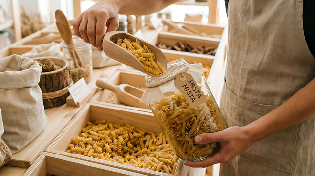 Person filling a glass jar with dry pasta from a bulk dispenser in a sustainable grocery store.