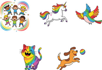 Rainbow cartoon set with kids, unicorn, bird, cat, dog, and colorful ball