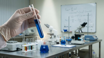 A gloved hand holds a test tube with blue liquid in a science laboratory, surrounded by various scientific equipment and a whiteboard with formulas.