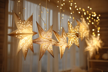 Shimmering star lights glow warmly, casting holiday magic and festive cheer, perfect for seasonal celebrations and adding a touch of sparkle