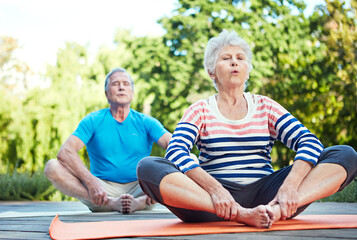 Senior couple, yoga or meditation with breathing exercise in nature for fitness or physical therapy. Elderly, man and woman with calm zen in garden for mindfulness, spiritual wellness or inner peace