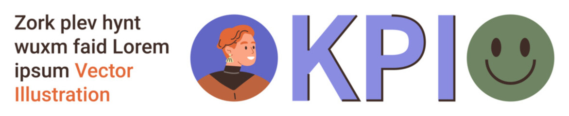 Performance measurement, business analytics, goal tracking, customer satisfaction, corporate strategy, evaluation. Text KPI with person and happy face. Performance measurement and business analytics