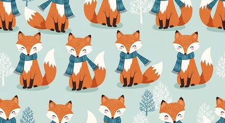 Naklejka premium Cartoon foxes in winter with scarves and trees pattern