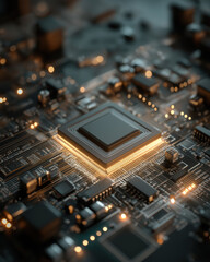 Copper-toned motherboard close-up with subtle glow and bokeh reflections &mdash; dark moody tech render