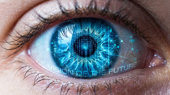 A close-up of a human eye with a bright blue iris, featuring digital binary code in the pupil and a glowing network, symbolizing a vision of the future and advanced technology.