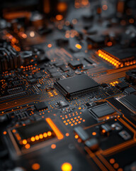 Copper-toned motherboard close-up with subtle glow and bokeh reflections &mdash; dark moody tech render