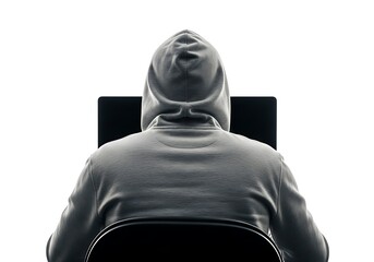 Anonymous hacker wearing a hood works on a computer in the dark
