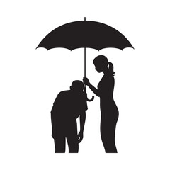 Woman shields man under umbrella silhouette