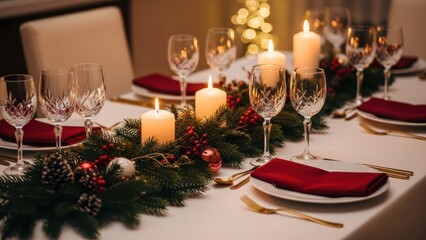 Elegant christmas dinner table setting with candles and wreath