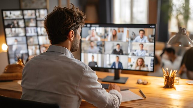 A Jordanian graduate presents his masters thesis remotely to a committee and classmates through a video call on a computer in a home setting