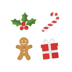 Festive Holiday Icons Holly, Candy Cane, Gingerbread Man & Gift