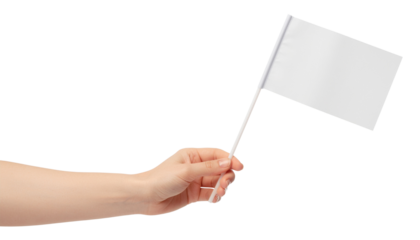 A hand holds a small white rectangular flag attached to a white stick against a bright white backdrop no background
