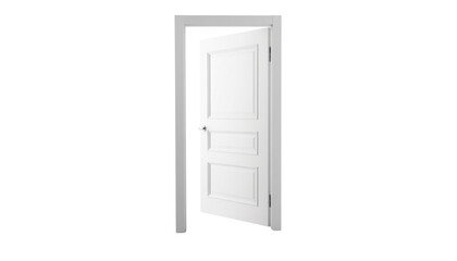 An open white door with three recessed panels and a silver handle is slightly ajar in a white frame plain white background and png