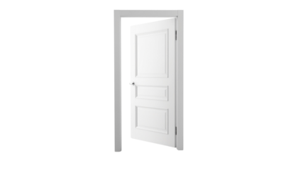 An open white door with three recessed panels and a silver handle is slightly ajar in a white frame plain white background and png