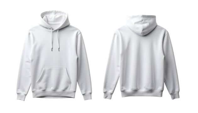 A white hooded sweatshirt with drawstrings and a kangaroo pocket is shown from the front and back views png with transparency