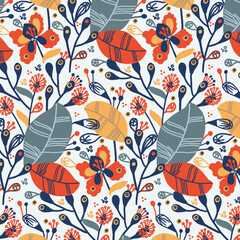 Seamless floral pattern with autumn leaves and decorative nature elements