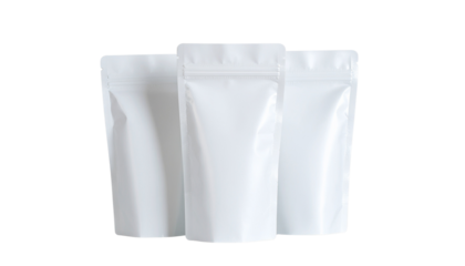Three white blank stand up pouches with zipper closures in a row on a white background object on white and png