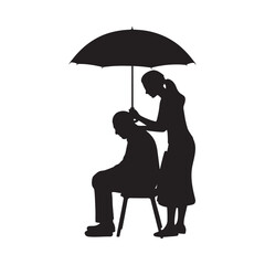 Woman shields man under umbrella silhouette