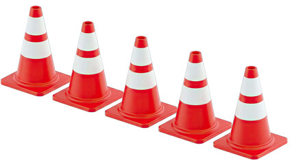 Five Orange And White Traffic Cones Lined Up In A Diagonal Row On A Transparent Background Ideal For Traffic Management And Safety Concepts