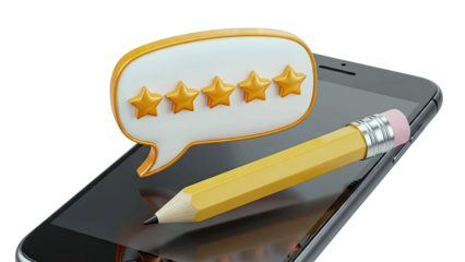 Five Star Review on Smartphone with Yellow Pencil Isolated on White Background with Chat Bubble Symbolizing Customer Satisfaction and Feedback Collection for Online Service Evaluation
