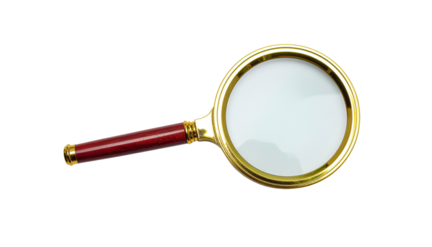Magnifying glass with a gold frame and a red handle is displayed on a plain white surface for examination alpha channel with white background