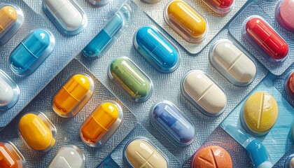 Scattered blister packs with colorful pills and capsules