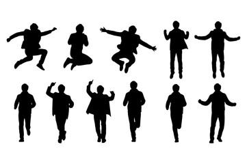Obraz premium Set of male silhouettes in various action poses, a vector collection of men running, jumping, and celebrating with arms raised