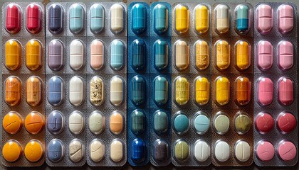 Scattered blister packs with colorful pills and capsules