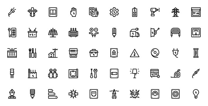 Electrician tools icon set. Vector illustration. Incudes symbols for flashligh, multimeter, drill, socke, fuse, wiring, generator,and more. Professional eletrical elements. - Powered by Adobe