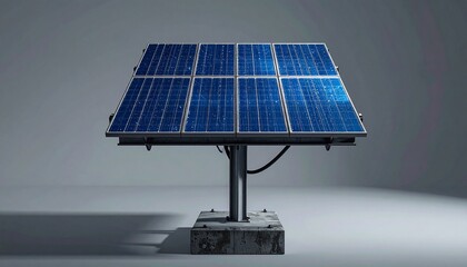 Ground-mounted solar panel array with angled grid and concrete supports