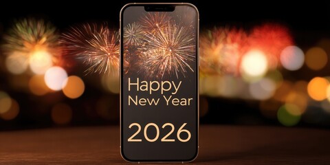 Happy new year 2026 background card festive eve celebration holiday fireworks display colorful environment smartphone viewpoint for memorable moments