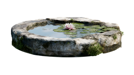 A small, circular stone pond with a single water lily floating on its surface, reflecting the sky, isolated on a Transparent background
