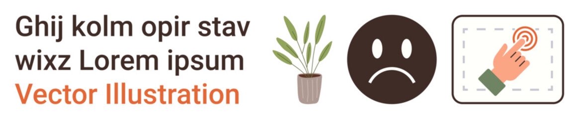 Digital communication, user interface design, emotions, online services, user actions, mental health. A sad emotion next to a potted plant and touch hand icon. Digital communication and emotions