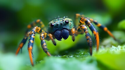 A close-up of a colorful jumping spider with large eyes, perched on a green leaf.