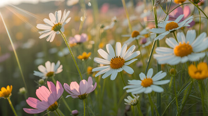 Sunlit meadow of daisies and cosmos flowers in golden hour